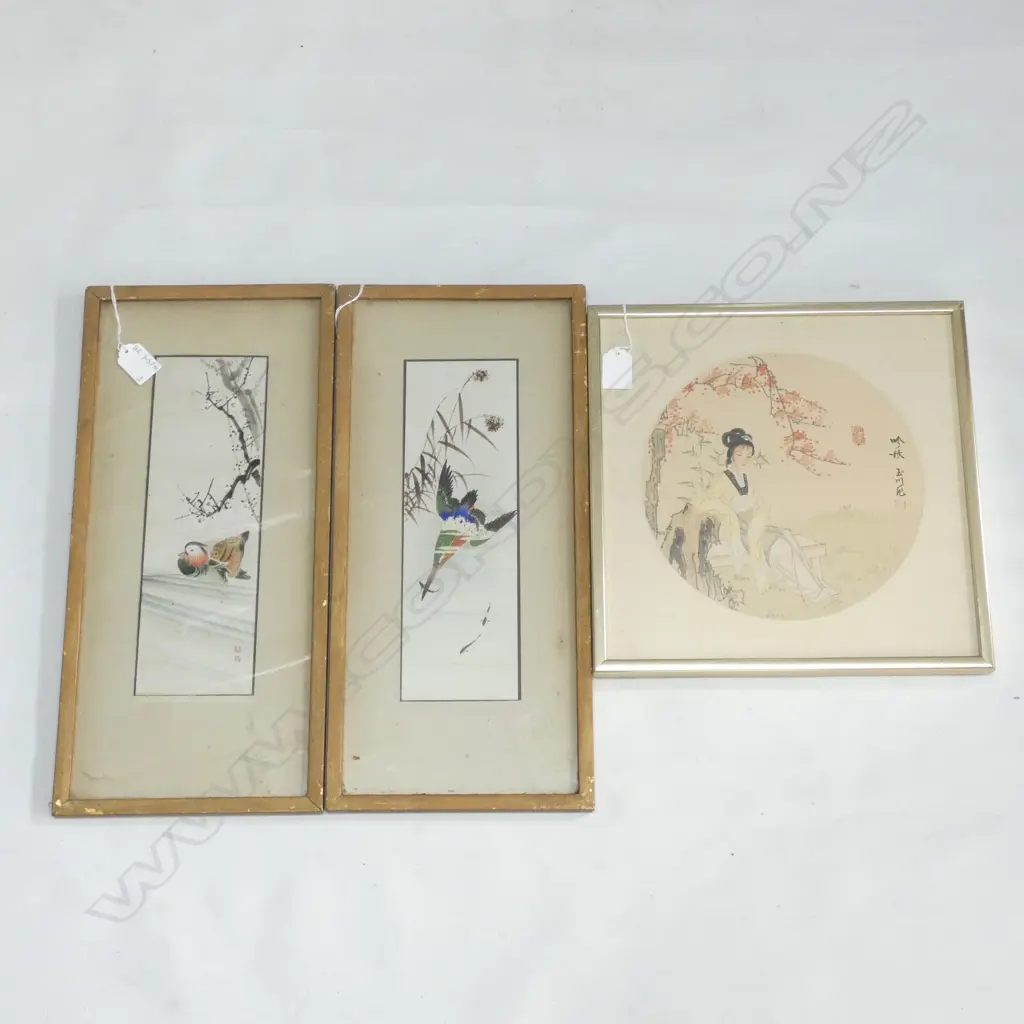 3 ORIENTAL ARTWORKS; PR BIRDS + W/C LADY Image 1++