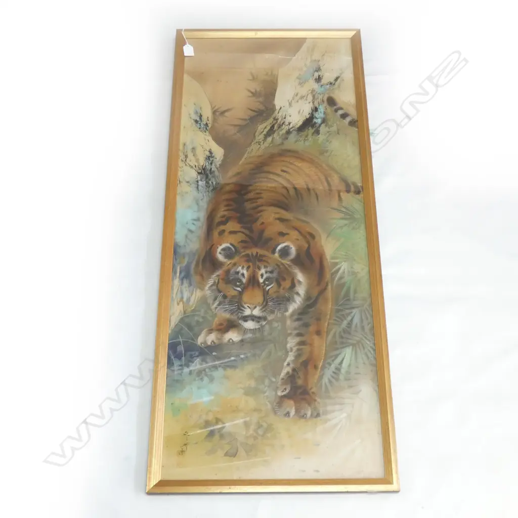 2 ORIENTAL ARTWORKS; GOLDFISH EMBROIDERY & TIGER W/C 1080x410mm Image 1++