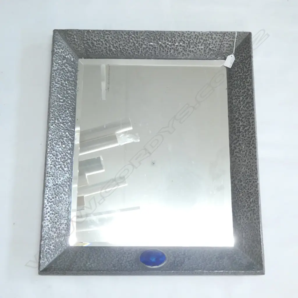 TUDOR STYLE HAMMERED PEWTER FRAMED WALL MIRROR W LG BLUE GLASS STONE   545 X 645MM Image 1++