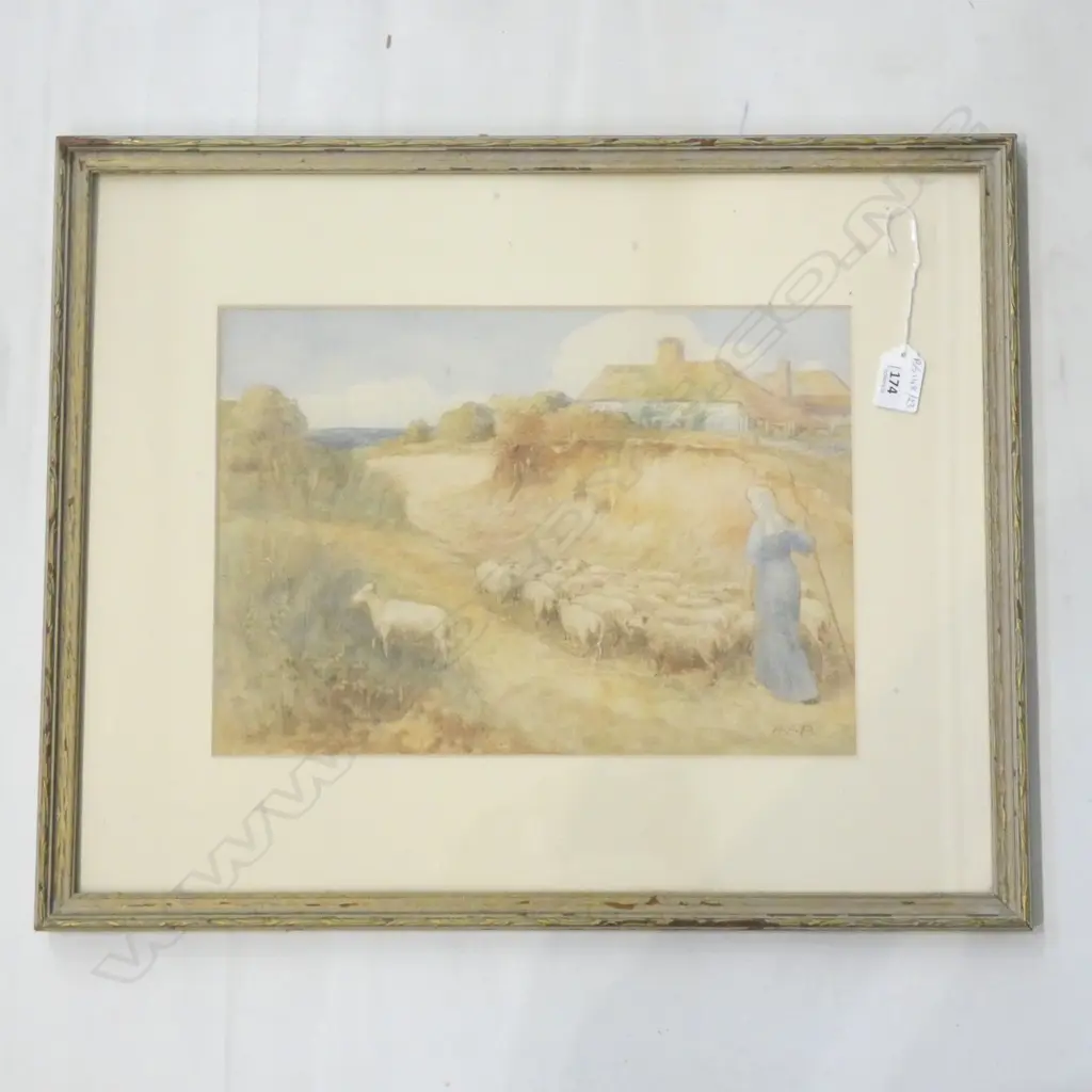19thC W/C SHEPHERDESS BY A.E.P. 245x345mm Image 1++