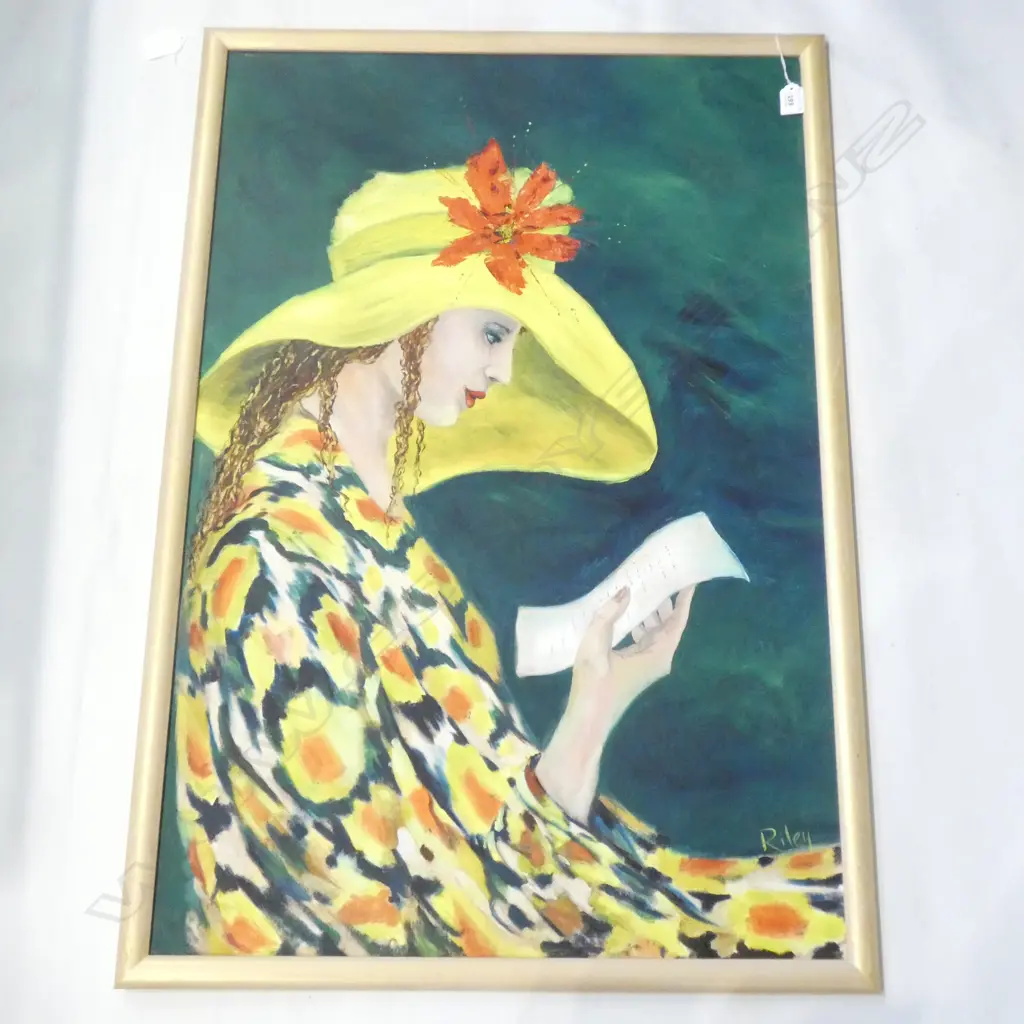 LARGE ACRYLIC PAINTING BY RILEY WOMAN YELLOW HAT 900x600mm Image 1++