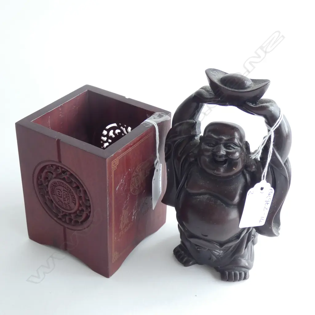 CARVED WOODEN LAUGHING BUDDHA(H. 160MM) & FUDAN UNIVERSITY PEN HOLDER  Image 1++