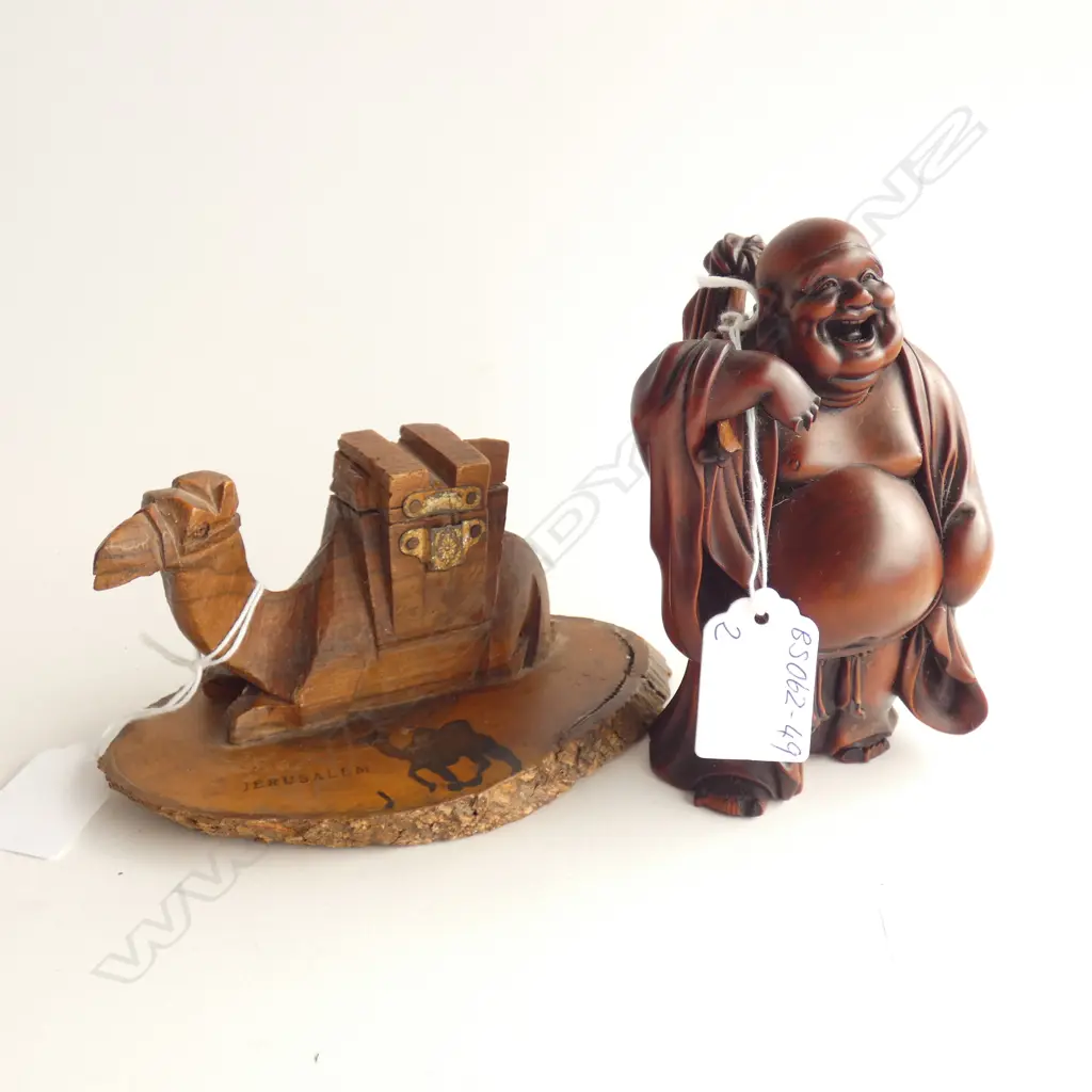 (16144) TRAVELLING LAUGHING BUDDHA (H. 135MM)A/F & WOODEN CARVED CAMEL - JERUSALEM  (L145MM) Image 1++