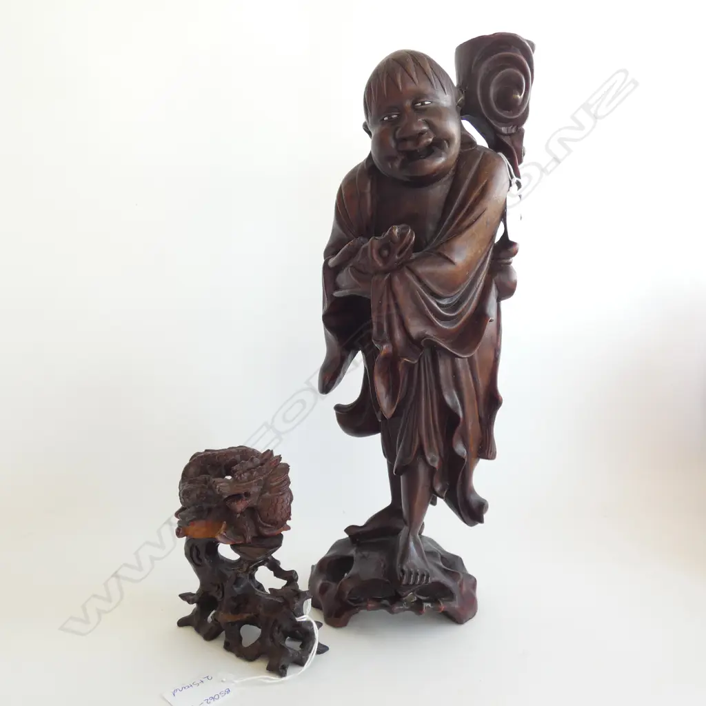 CARVED WOODEN ORIENTAL MAN H. 375MM & CARVED DRAGON ON STAND H. 130MM SMAAL FAULT Image 1++