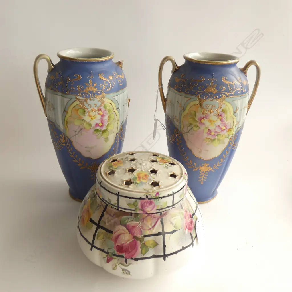 PR LG JAPANESE PAINTED VASES (H.270MM) 1 A/F & OLD CERAMIC ROSE BOWL DIA 190MM (19790) Image 1++