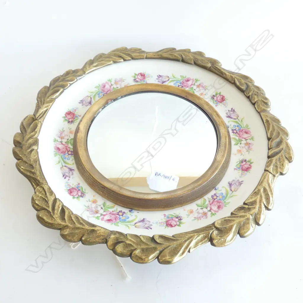 PORCELAIN & BRASS FRAMED CONVEX MIRROR 340mm dia Image 1++