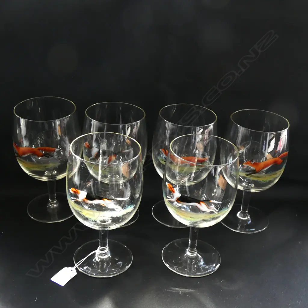 SET OF 6 HAND PAINTED FOX HUNTING WINE GLASSES H.190mm Image 1++