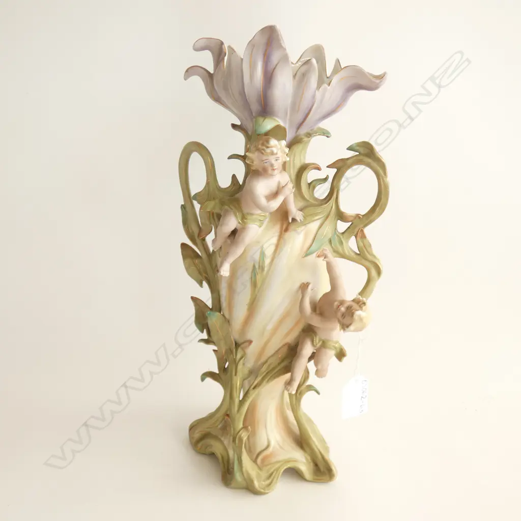 ANTIQUE PORCELAIN BISQUE VASE - APPLIED CHERUBS & LEAF TENDRILS H. 330MM (ONE FINGER A/F) Image 1++