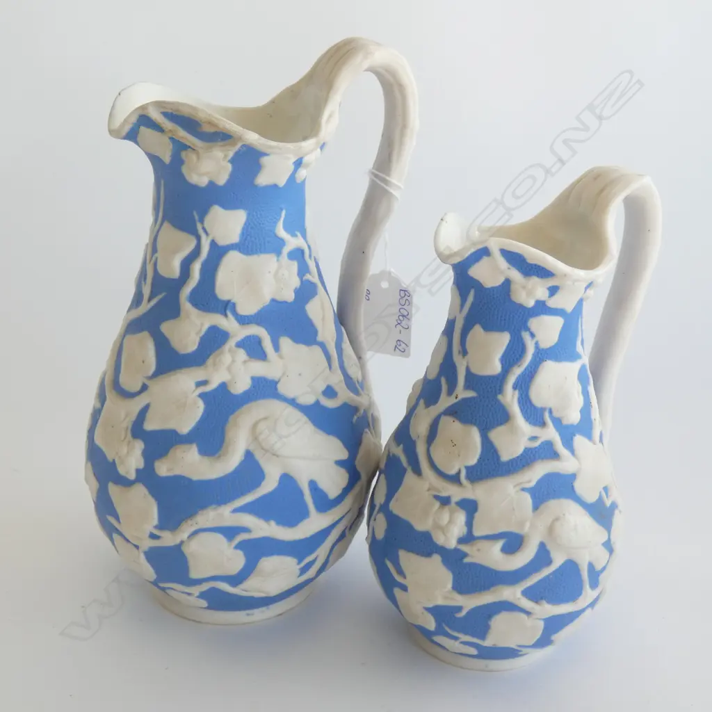 PR GRADUATED BLUE & WHITE ANTIQUE JUGS - PARIAN RELIEF BIRDS & FOLIAGE  LARGEST H. 220MM Image 1++