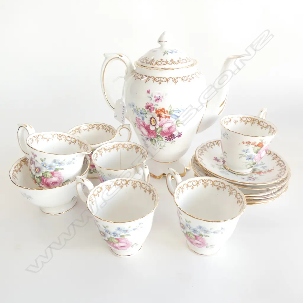 14 PCE CROWN STAFFORDSHIRE COFFEE SET; 5 DUOS (1 AF), SAUCER, MILK, SUGAR + COFFEE POT Image 1++