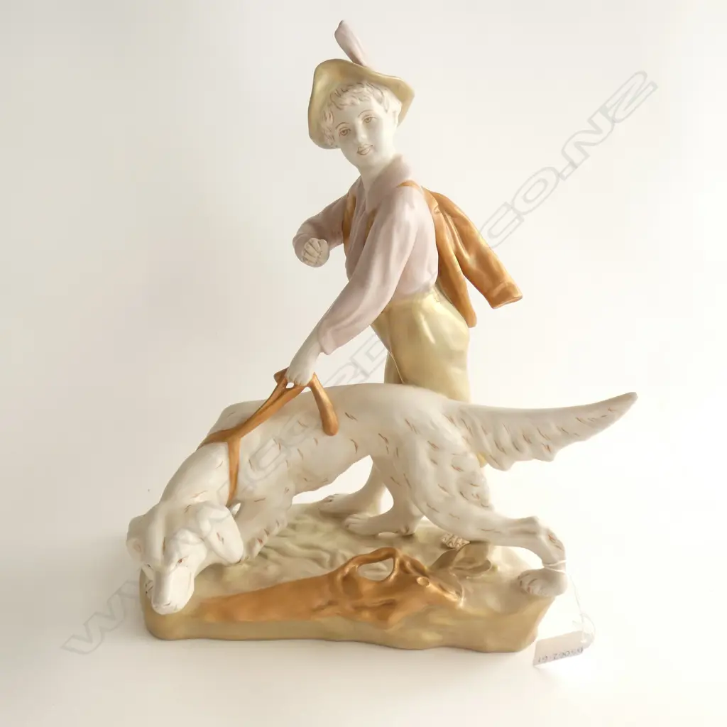 (16157) HAND PAINTED ROYAL DUX BISQUE BOY WALKING DOG  H. 360MM Image 1++
