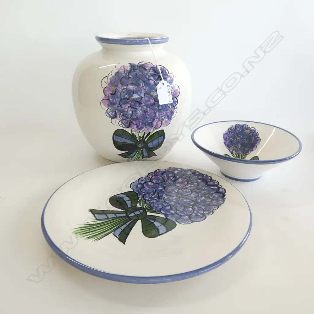 3 CHRISTOPHER VINE POTTERY PCS;  LG VASE (H 240MM) PLATE & BOWL Image 1++