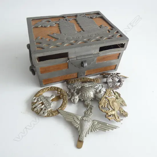 ORIENTAL LIDDED BOX + ASST. MILITARY BADGES + GOLD TRIO