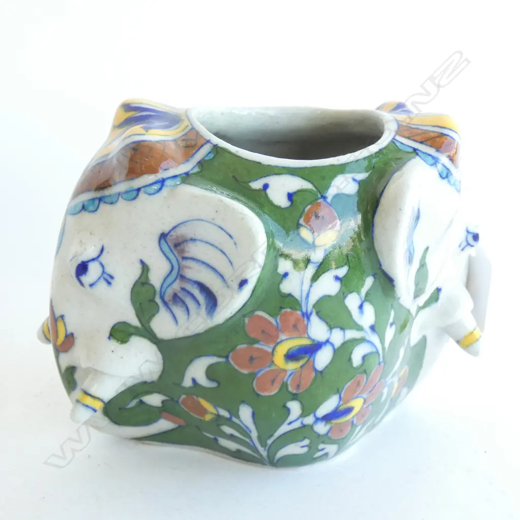 CERAMIC DOUBLE HEADED ELEPHANT VASE AF CHIP H.120mm Image 1++