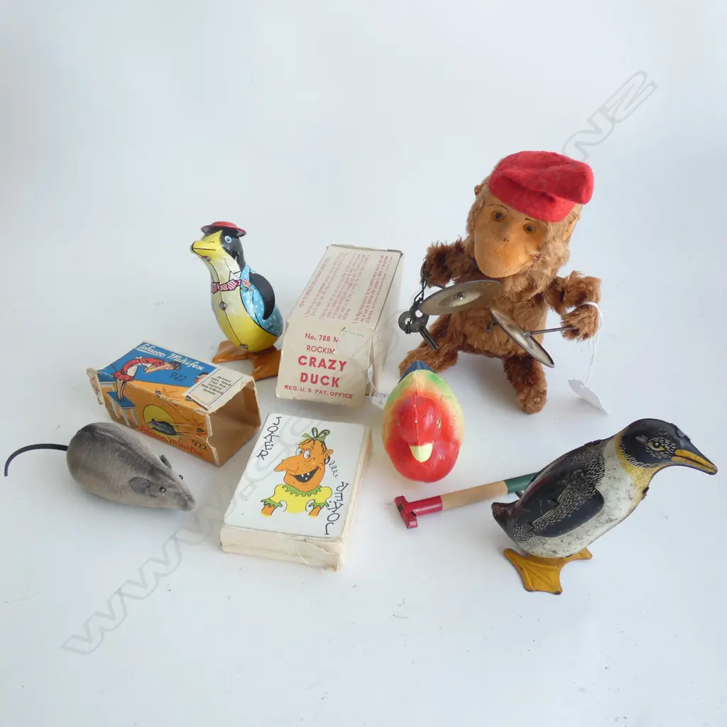VINTAGE TIN PLATE TOYS ETC; INCL NON PC PLAYING CARDS / MOUSE/ CRAZY ROCKING DUCK / MONKEY WITH CYMBALS ETC. Image 1++