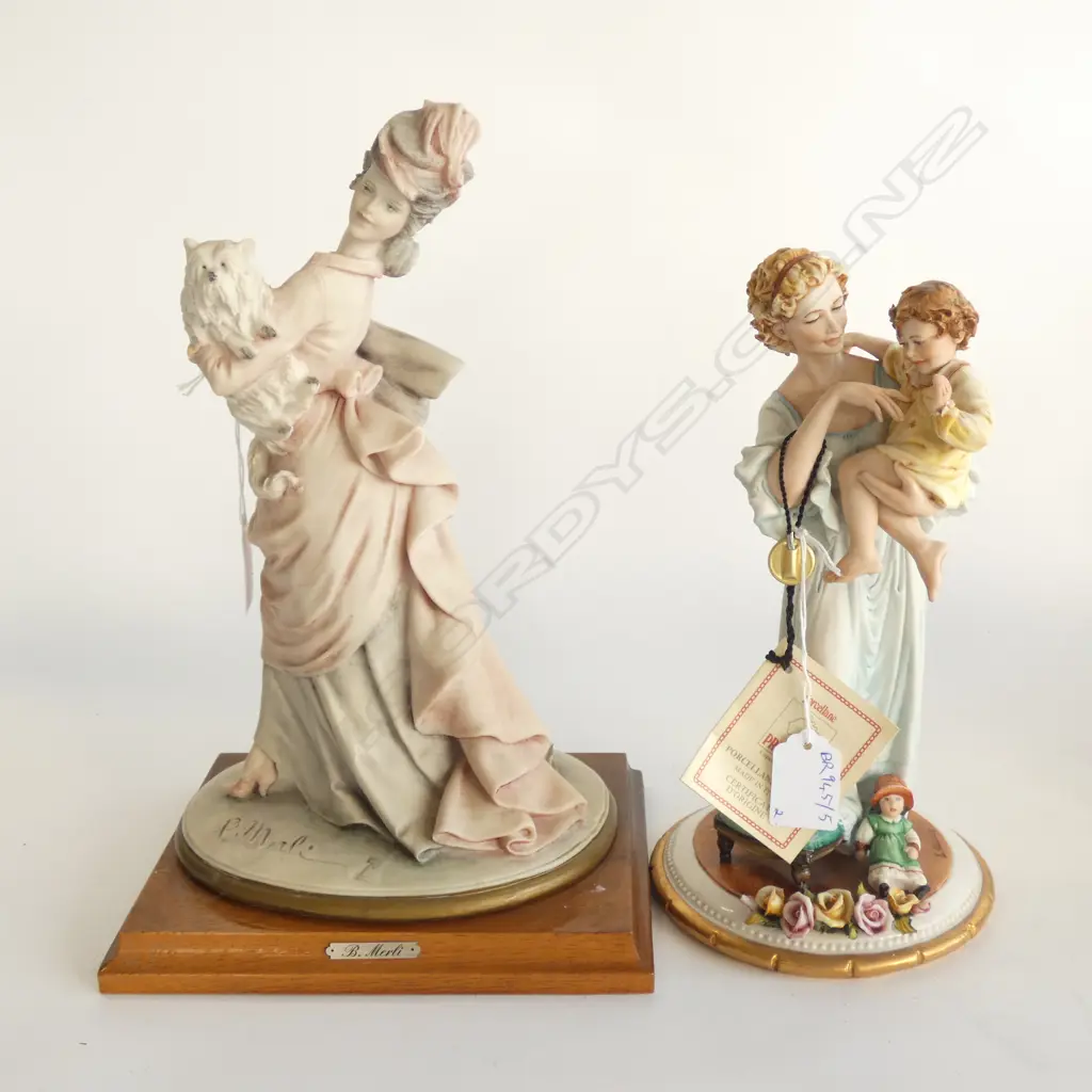 2 CAPODIMONTE FIGURINES B. MERLI LADY w. DOG H.300mm & LADY w. CHILD Image 1++