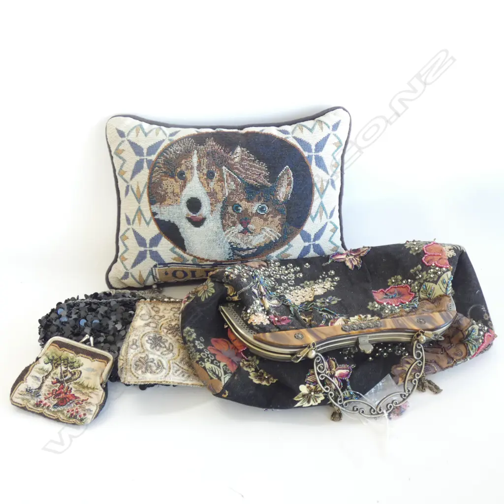 BEADED HANDBAG & 2 PURSES + TAPESTRY PURSE & CUSHION  L 300MM Image 1++
