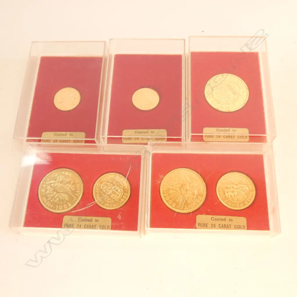 5 BOXES OLD NZ etc GOLD PLATED COINS Image 1++