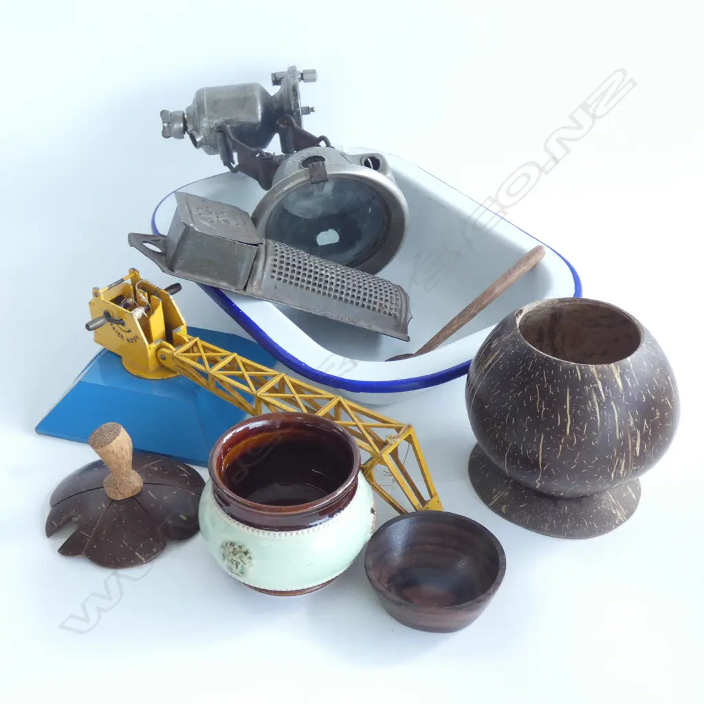 BOX LOT ENAMEL BAKING DISH, TOY CRANE, COCONUT ETC Image 1++