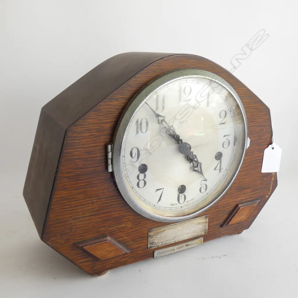 WOODEN ENFIELD  MANTLE CLOCK L 290MM  ENGAVED PLAQUE DATED 1937 Image 1++