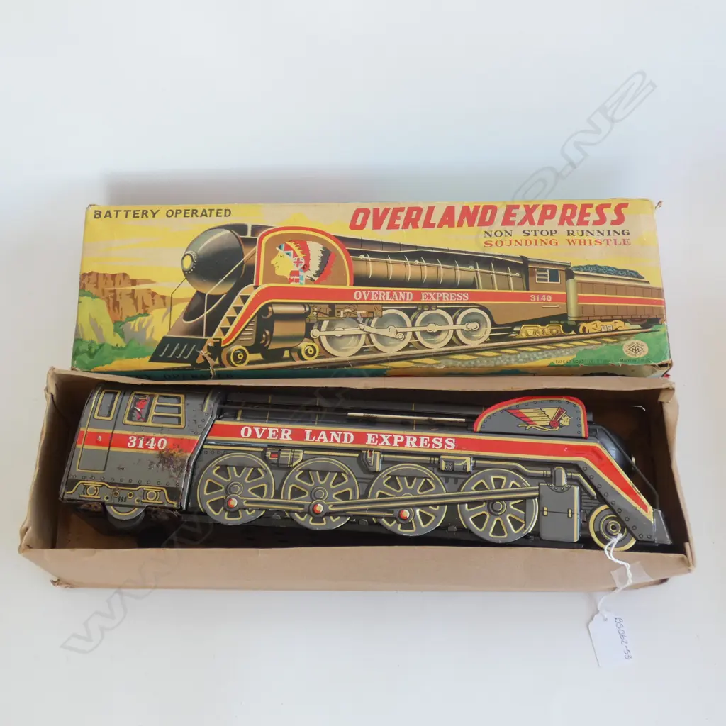 (TGA27) OVERLAND EXPRESS TIN PLATE TRAIN - BATTERY OPERATED - IN ORIGINAL BOX - HAS SOME WEAR & TEAR Image 1++