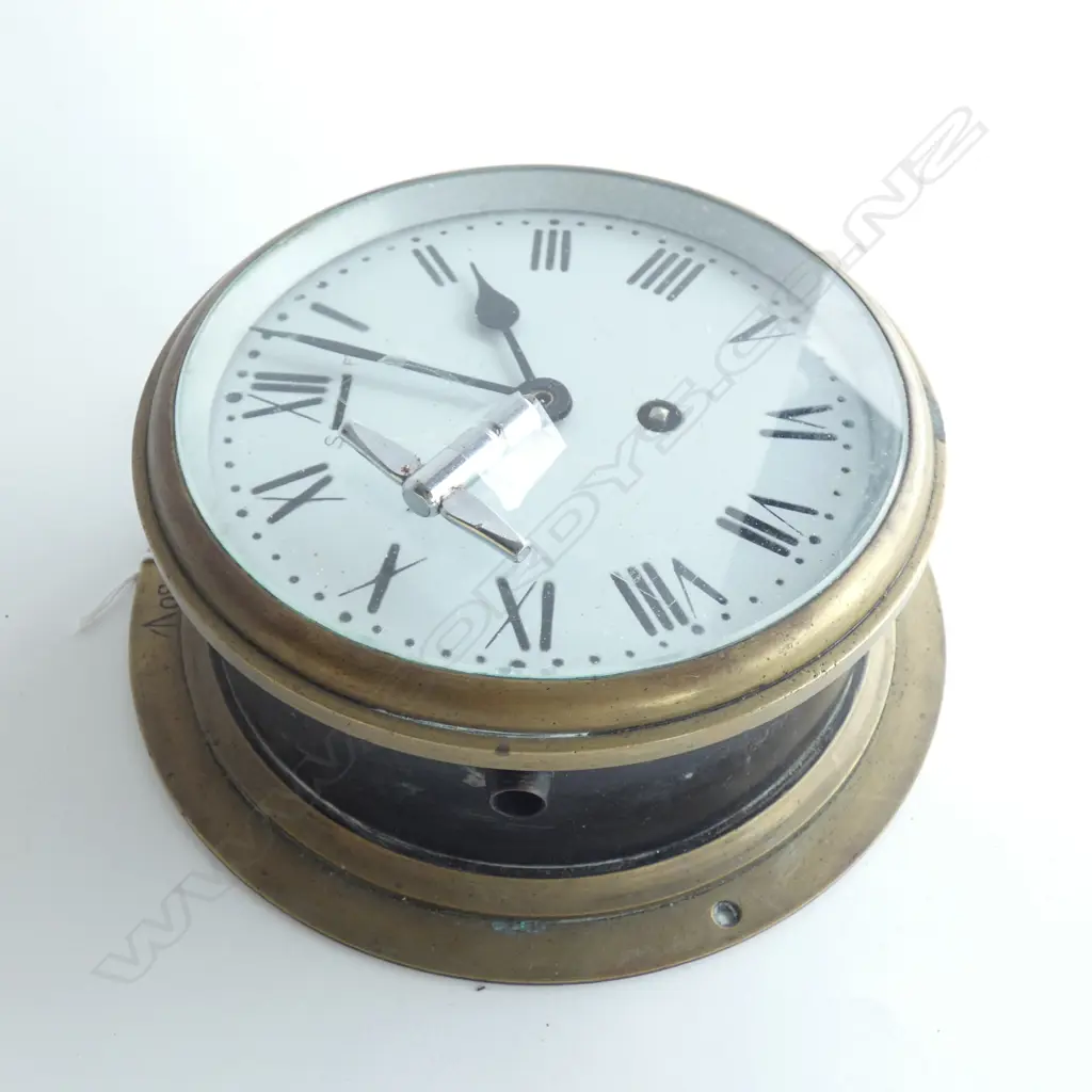 BRASS SHIP'S CLOCK w MILITARY BROAD ARROW MARK TO FLANGE 230mm dia Image 1++