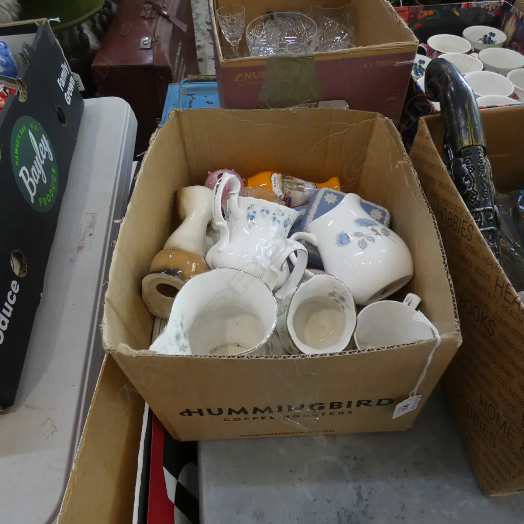 SM BOX LOT CHINA & COLLECTABLES; RA JUGS; VICTORIAN GLASS ETC.. Image 1++