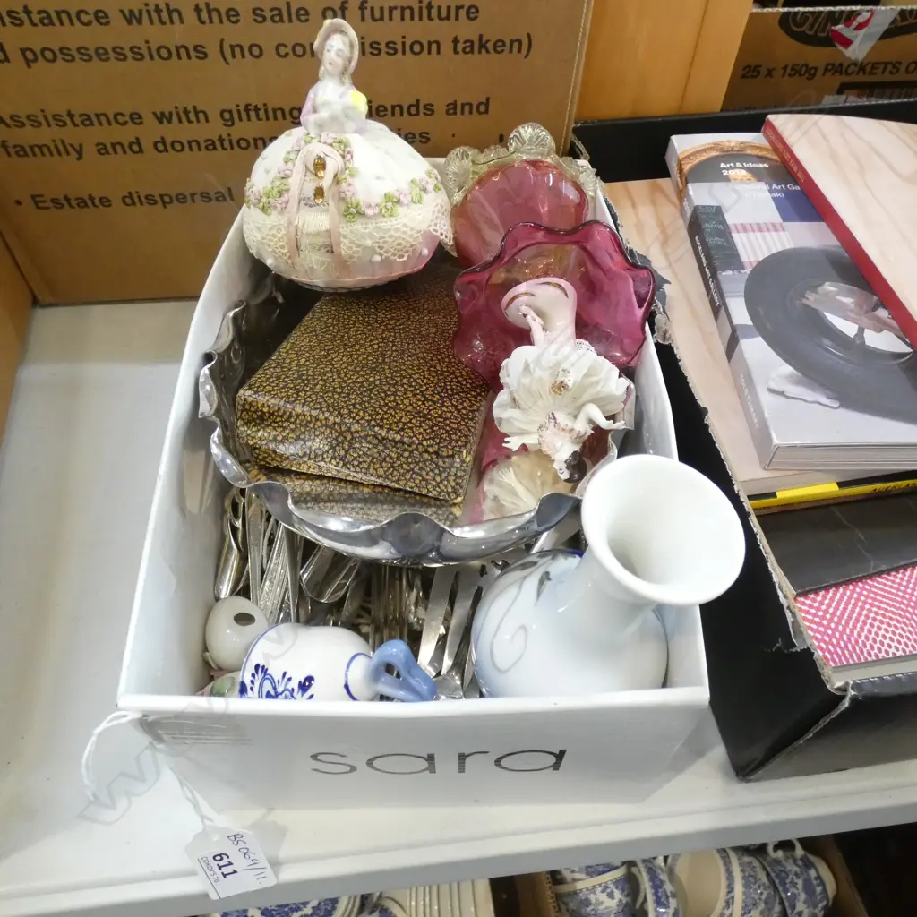 BOX LOT ASST. CUTLERY, CRANBERRY VASE, DRESDEN ETC Image 1++
