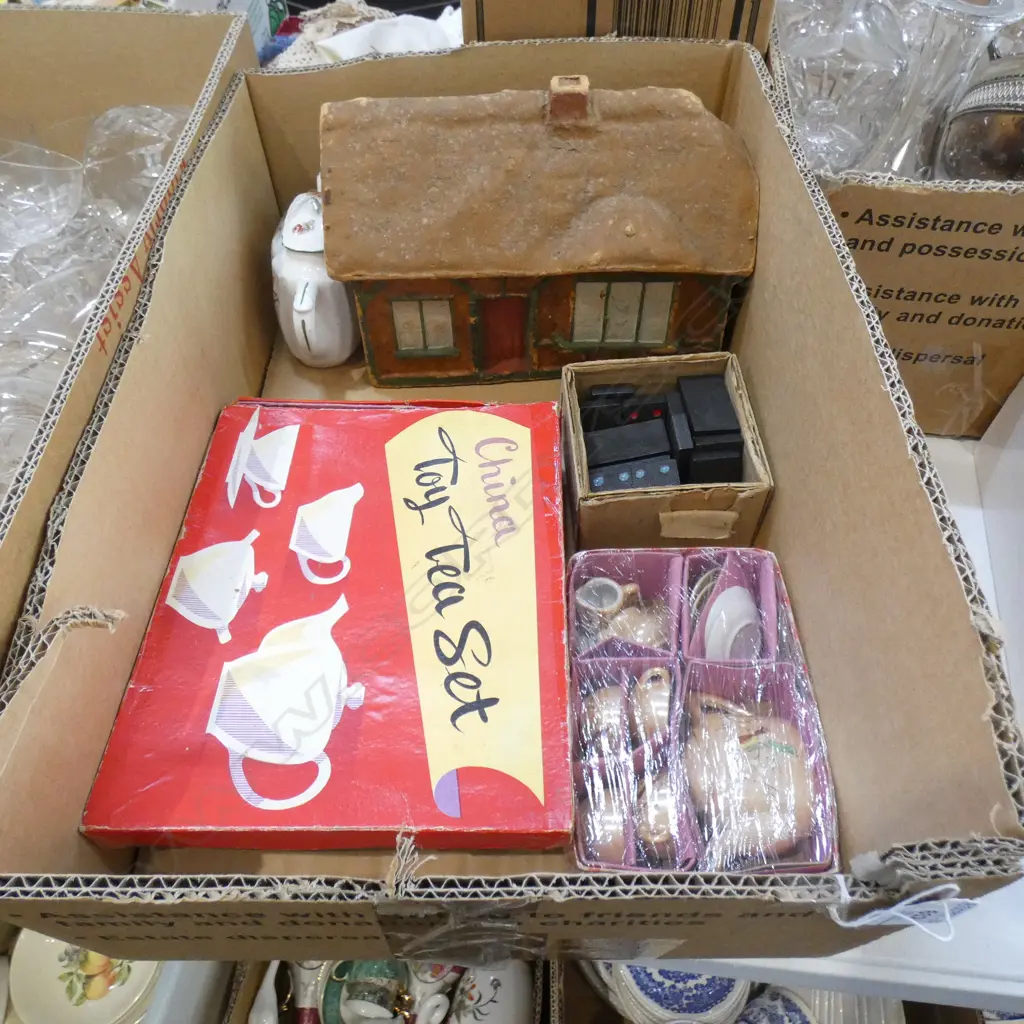 BOX VINTAGE TOYS;  OLD CHINA TEASETS / DOMINOES / PAPIER MACHE HOUSE ETC. Image 1++