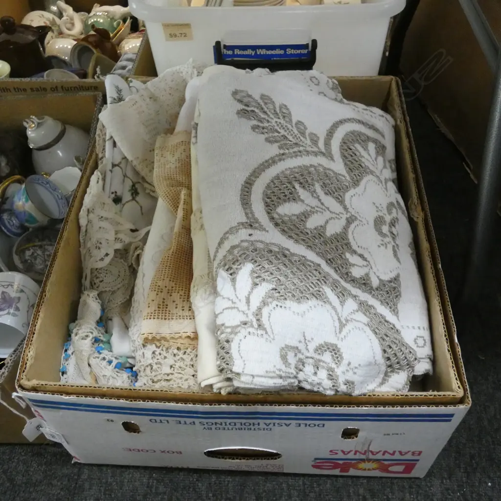 BOX LOT ASST. LACE & LINENS Image 1++