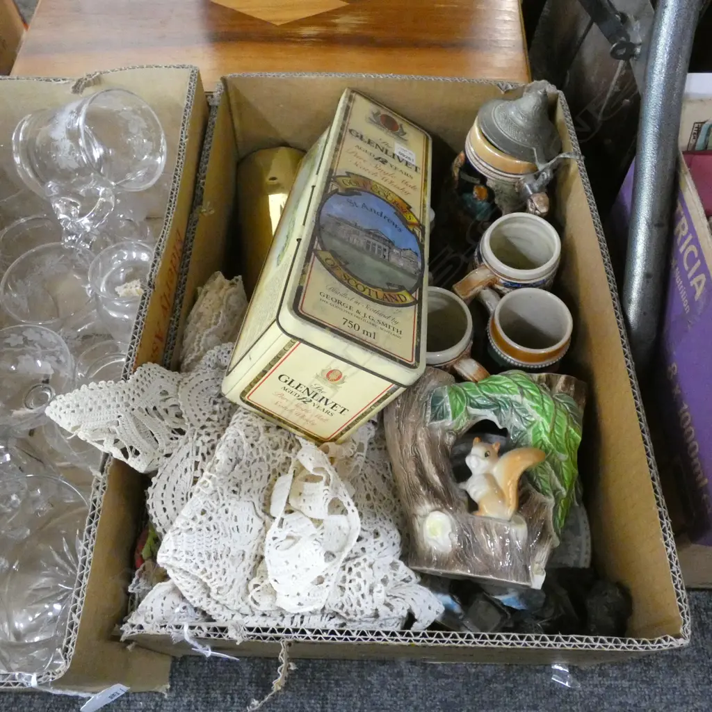 BOX LOT ASST CHINA & COLLECTABLES / LINEN ETC. INCL BRASS SHELL CASE Image 1++