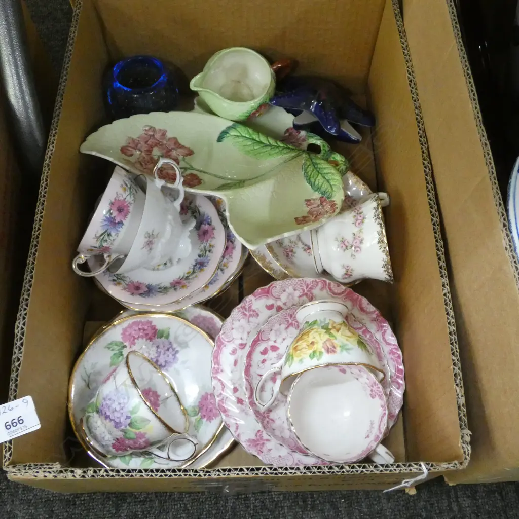 BOX LOT ASST CHINA; TRIOS / CARLTON WARE/ ROYAL ALBERT ETC.. Image 1++
