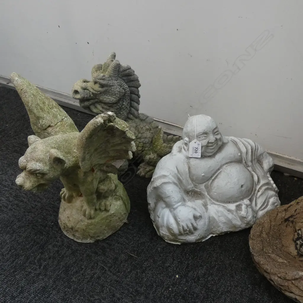 3 CONCRETE GARDEN STATUES; BUDDHA, DRAGON & GARGOYLE Image 1++