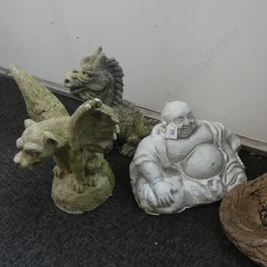 3 CONCRETE GARDEN STATUES; BUDDHA, DRAGON & GARGOYLE