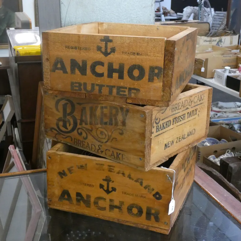 3 STENCILLED WOODEN BOXES; 'ANCHOR' & 'BAKERY' 320x340mm Image 1++