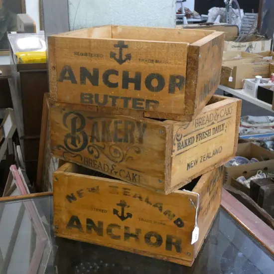 3 STENCILLED WOODEN BOXES; 'ANCHOR' & 'BAKERY' 320x340mm