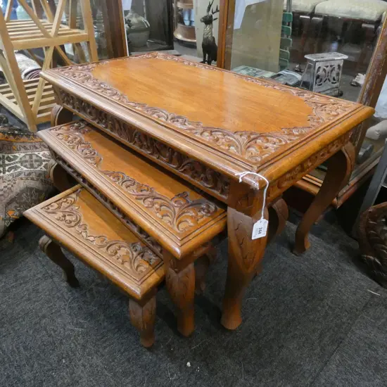 3 NESTING CARVED WOODEN ORIENTAL SIDE TABLES W.700mm