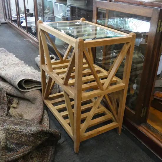 CONTEMPORARY PALE WOOD GLASS TOPPED SIDE TABLE...
