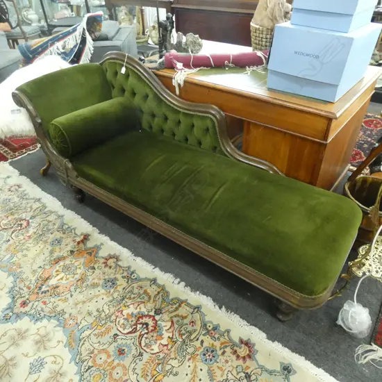 VICTORIAN CHAISE, GREEN VELVET UPHOLSTERY L.1900mm
