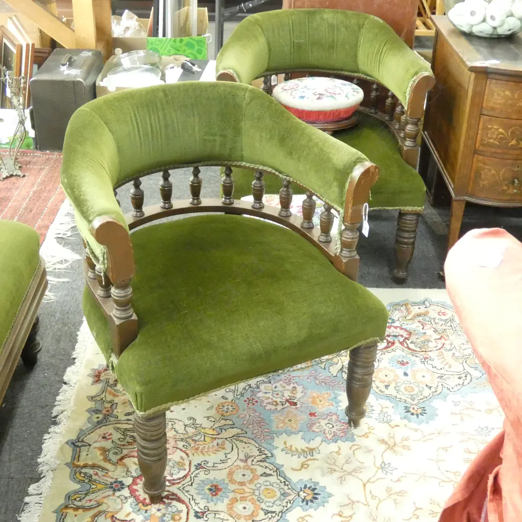 3 GREEN VELVET UPHOLSTERED TUB CHAIRS Image 1++