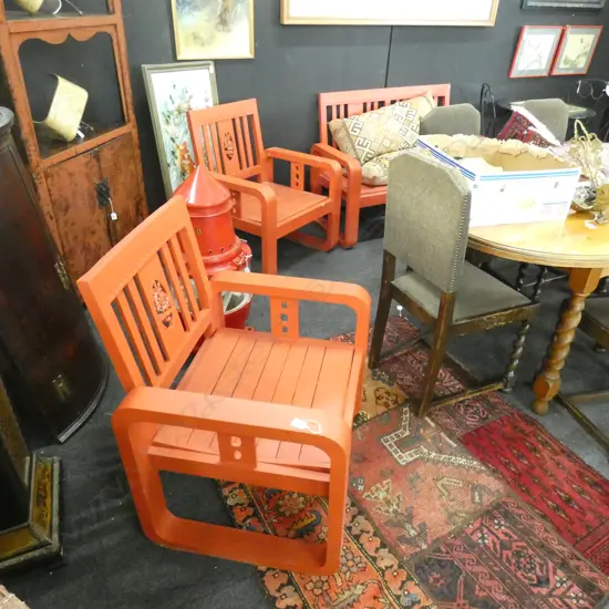 RED PAINTED 3 PCE WOODEN OUTDOOR SEATING SET
