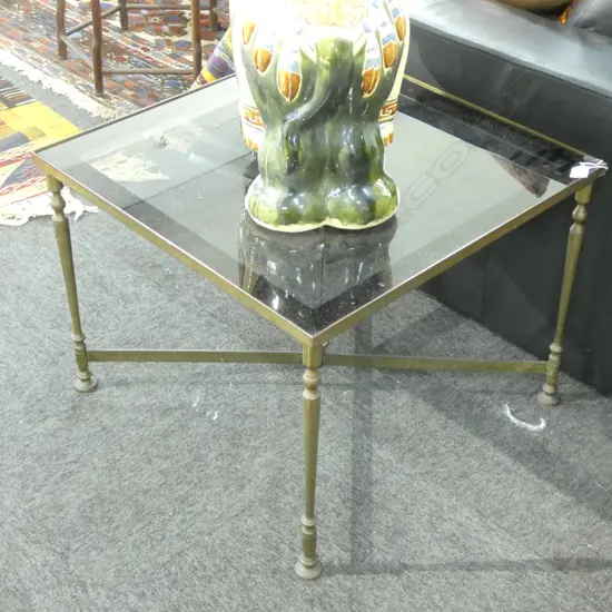 PR HOLLYWOOD REGENCY GLASS & BRASS SIDE TABLES