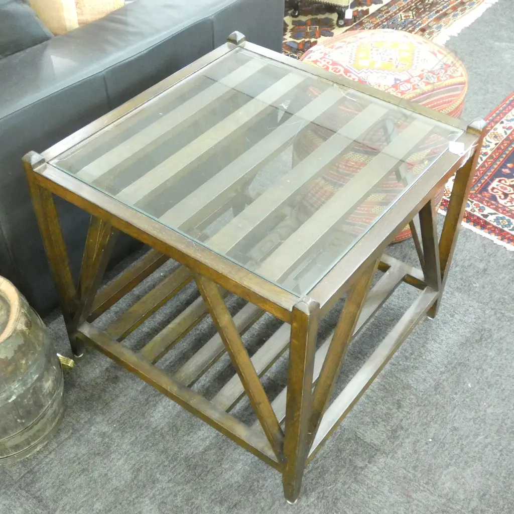 CONTEMPORARY DARK WOOD GLASS TOPPED SQUARE SIDE TABLE... Image 1++