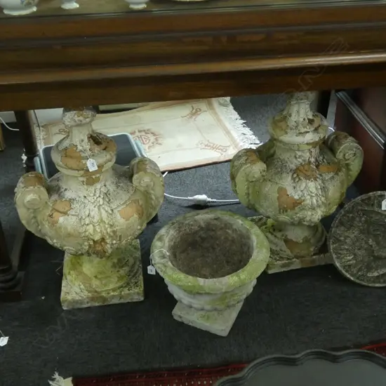 A PAIR RUSTIC ORNATE TERRACOTTA LIDDED URNS