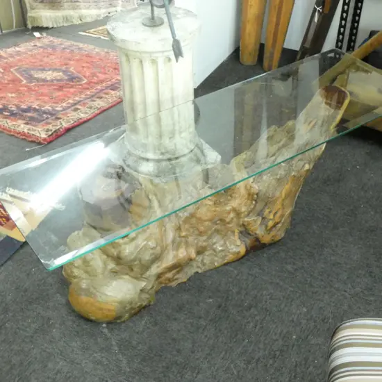 SWAMP KAURI BASE GLASS TOP COFFEE TABLE 1310x400x375mm GLASS WITH CHIPS