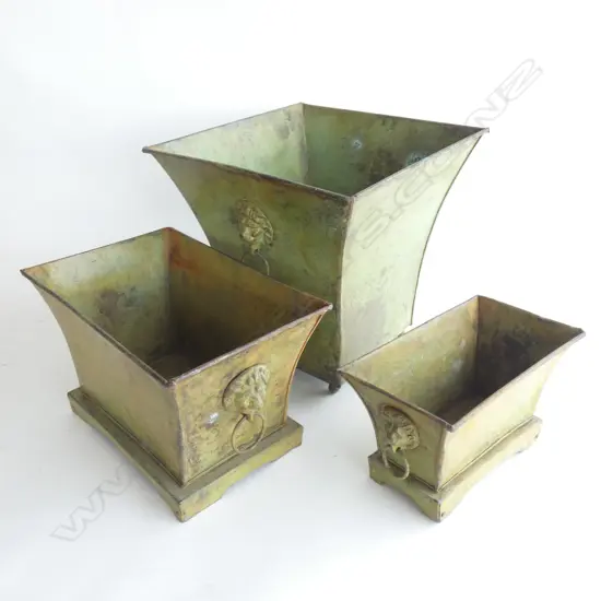 3 METAL CONTAINERS; GREEN VERDIGRIS FINISH H.270mm 