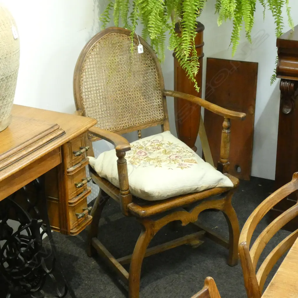 OLD OAK & RATTAN CHAIR WITH LOOSE TAPESTRY CUSHION  Image 1++