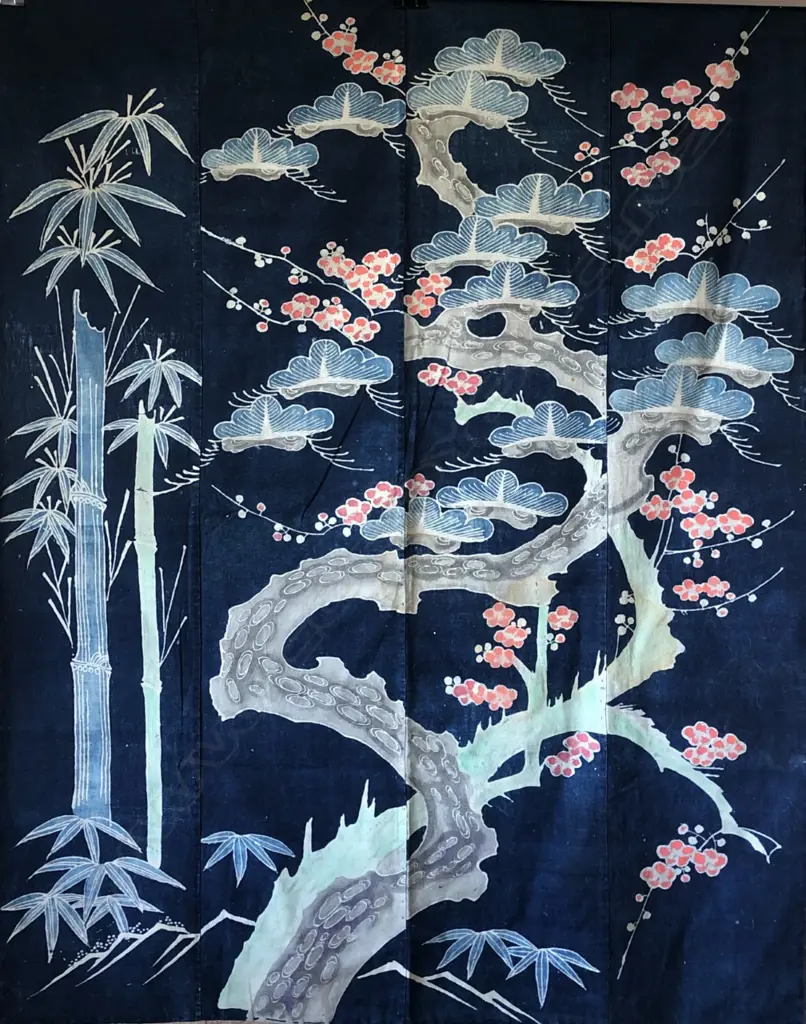 VINTAGE JAPANESE TSUTSUGAKI TEXTILE w. PRUNUS, PINE & BAMBOO DESIGN 1580x1250mm (18) Image 1++