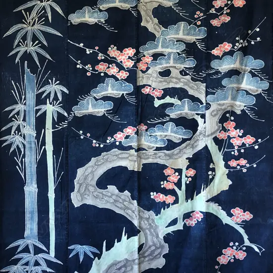 VINTAGE JAPANESE TSUTSUGAKI TEXTILE w. PRUNUS, PINE & BAMBOO DESIGN 1580x1250mm (18)