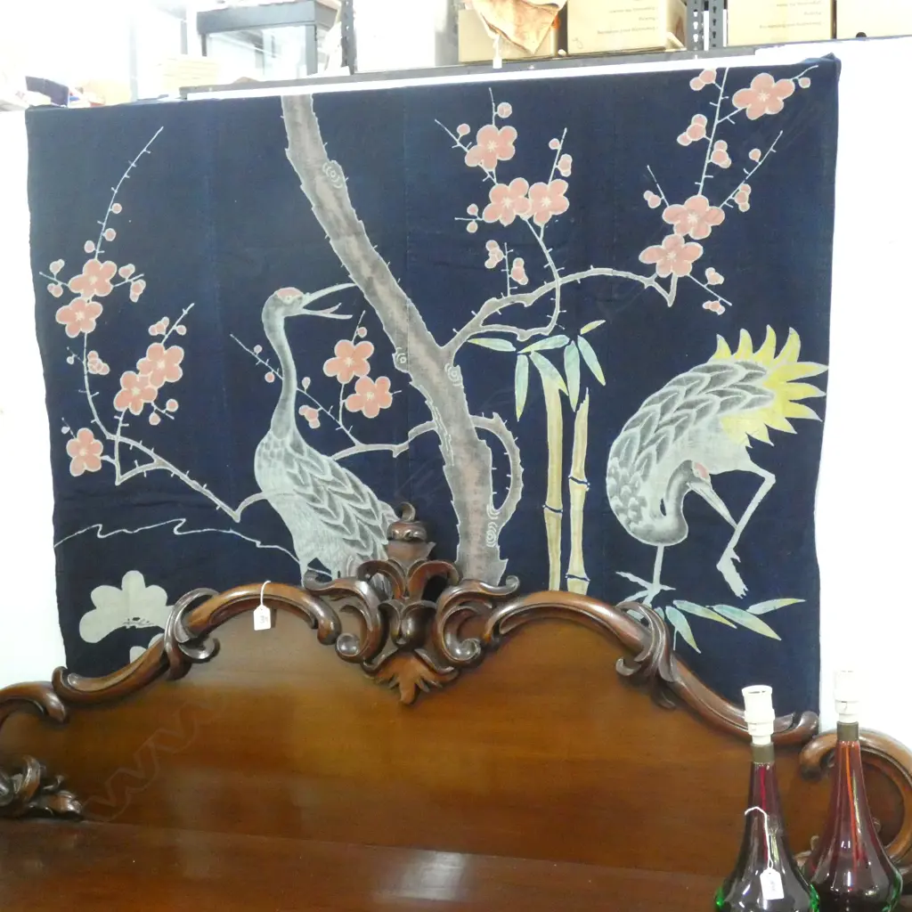 VINTAGE JAPANESE TSUTSUGAKI TEXTILE w. 2 CRANES & PRUNUS 1480x1300mm (16) Image 1++
